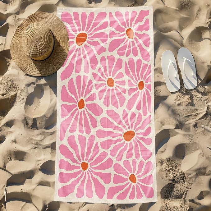 Pink Boho Floral Beach Towel, Flower Daisy Pool Towels, Vintage Boho Flowers Floral Daisies Large Beach Bath Travel Towels for Swimming Camping, Pink Bohemian Bathroom Accessories Decor,30x60in