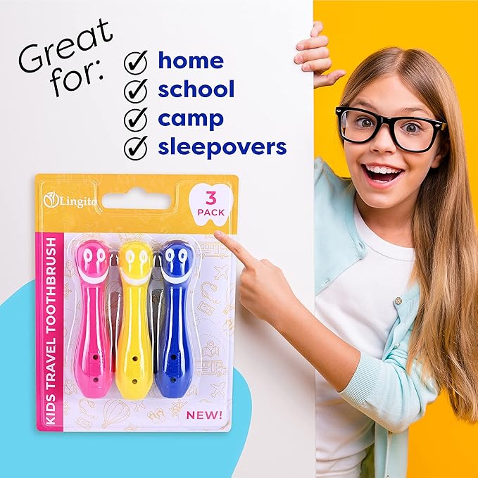 Kids' Soft Toddler Toothbrush, Gentle Bristles for Home, School, Camp, Sleepovers - Folding Handles for Tiny Hands (3 Pack)