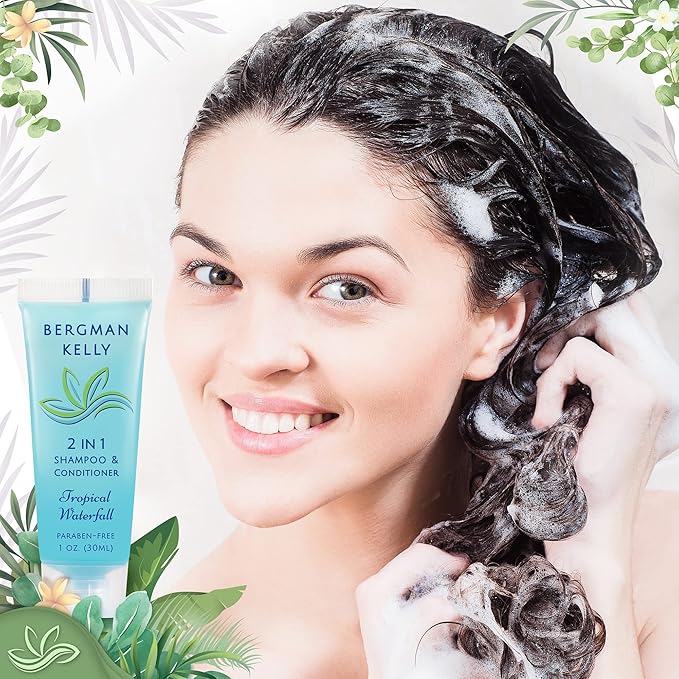Bergman Kelly - Travel Size 2 in 1 Shampoo & Conditioner - 1 fl oz, 200 PK, Tropical Waterfall - Delight Your Guests w/Invigorating & Refreshing Shampoo Amenities - Small Hotel Toiletries in Bulk