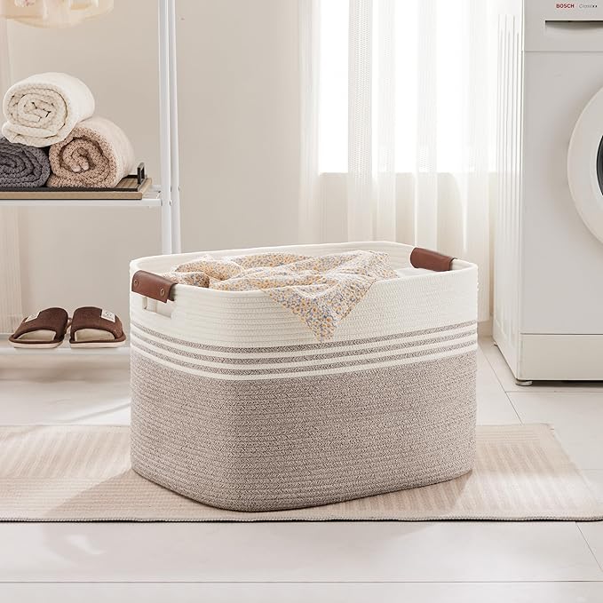 100L Extra Large Laundry Basket with Leather Handles for Living Room Storage, Woven Rope Baskets for Blanket, Kids Toy, Gifts, Wicker Hamper for Bedroom Dirty Clothes, 24"x16"x16" White Brown