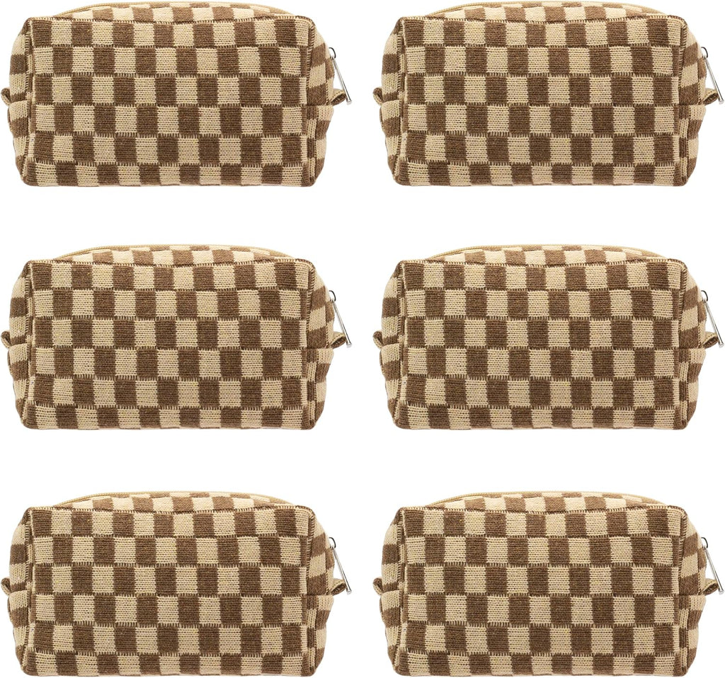 PAZIMIIK Checkered Makeup Bag for Purse Portable Zipper Make Up Pouch Small Cosmetic Case for Travel Accessories (6PCS Coffee)