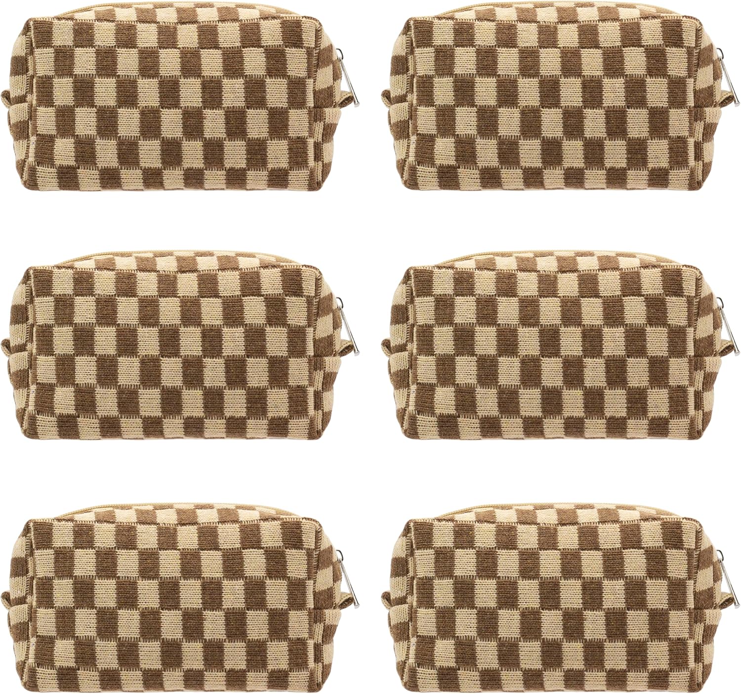 PAZIMIIK Checkered Makeup Bag for Purse Portable Zipper Make Up Pouch Small Cosmetic Case for Travel Accessories (6PCS Coffee)
