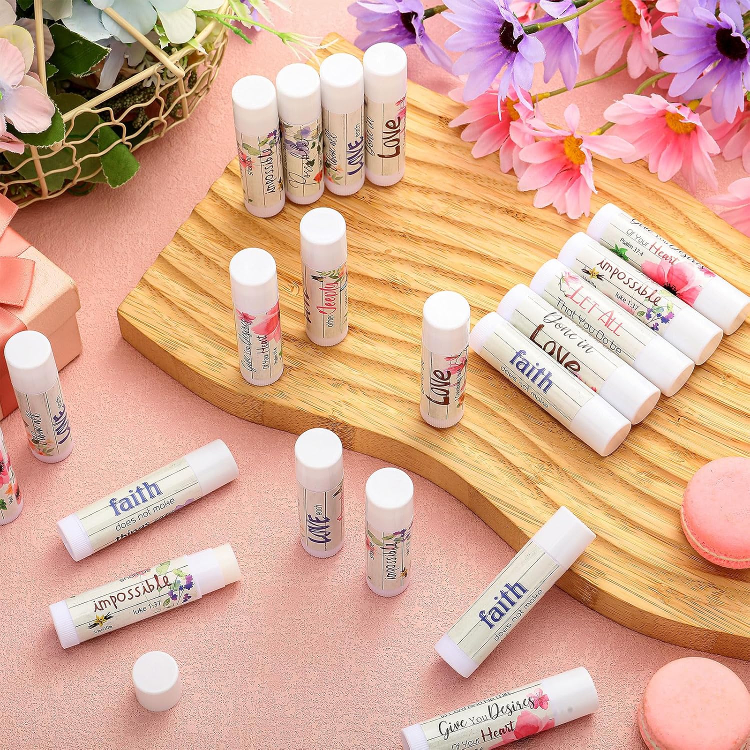 50 Pcs Christmas Christian Lip Balm Bulk Bible Verses Lip Balm Scripture Christian Gifts for Women Faith Religious Church Party Favor Inspirational Gift for Coworker Staff Employee(Wildflower)
