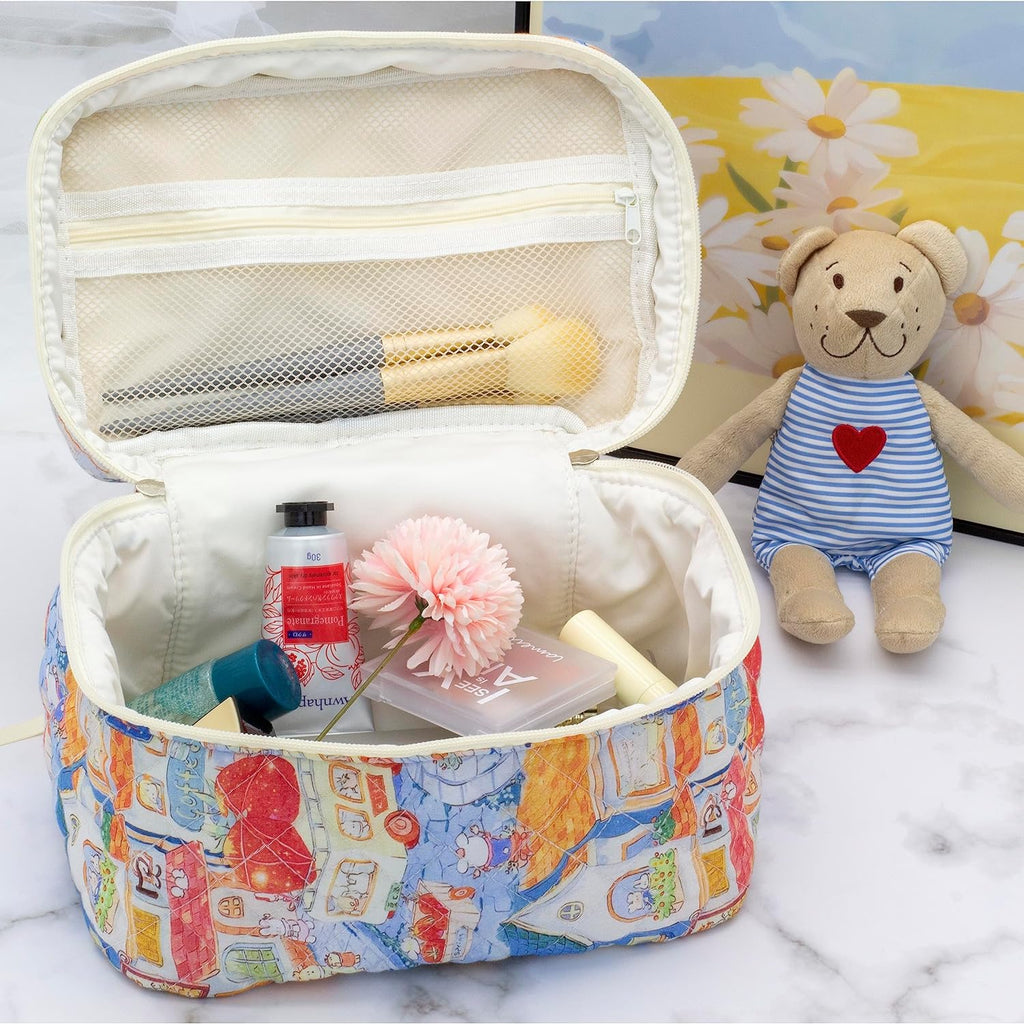 PAZIMIIK Quilted Makeup Bag Large Travel Zipper Soft Cosmetic Case for Women Girls Make Up,Little Bunny