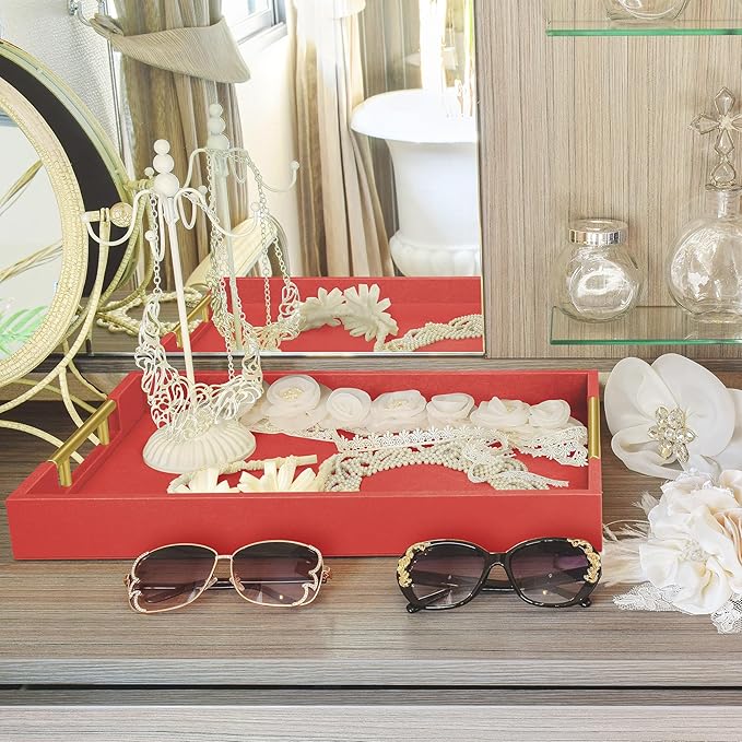 17" x 12" Wood Serving Tray with Gold Polished Metal Handles, Home Decorative Wooden Rectangle Ottoman Leather Decor Platter Bathroom Vanity Tray for All Occasions Red