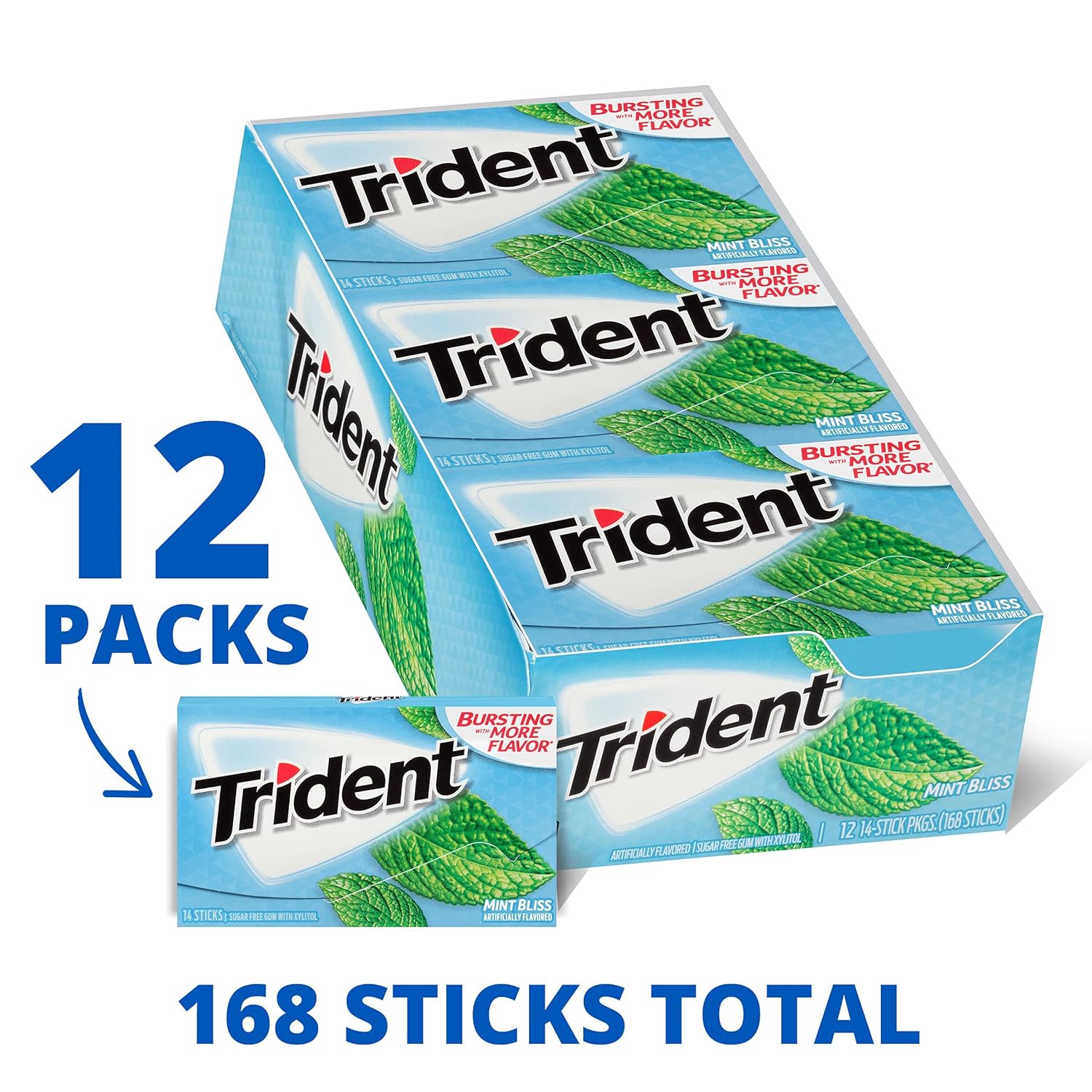 Trident Mint Bliss Sugar-Free Chewing Gum, 12 Packs of 14 Pieces (168 Total Pieces)