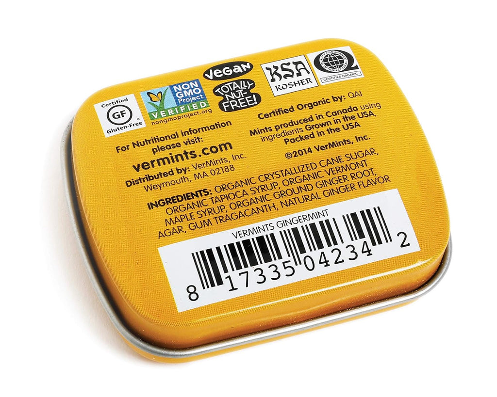 VerMints Organic Breath Mints GingerMint - Real Ginger Flavored Candies - Travel Size Tin - Non-GMO, Nut Free, Gluten Free, Vegan, Kosher & Organic Candy Mints - .63oz/18g (Pack of 12)
