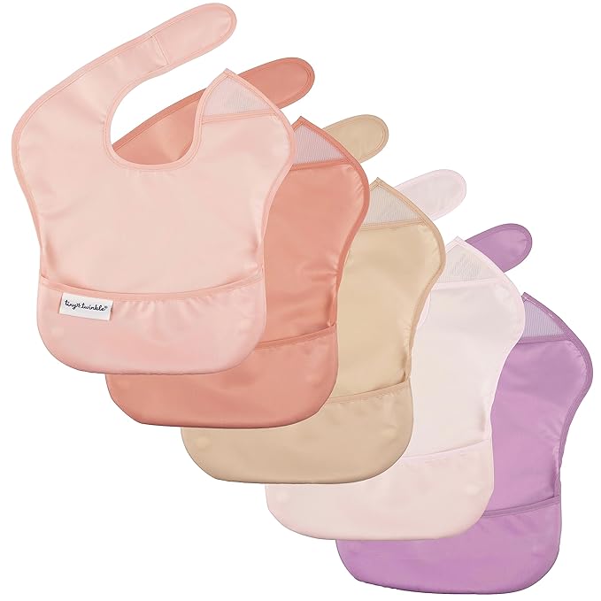 Tiny Twinkle Mess-Proof Baby Bibs for Eating | Waterproof, Wipeable Toddler Bibs with Catch-All Pocket | Feeding Bibs for Girls & Boys(5 Pack, Girl Spring)