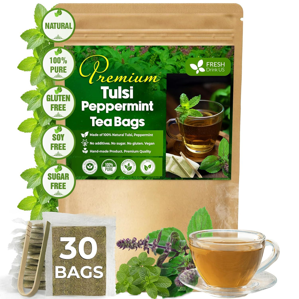 FreshDrinkUS, Premium Tulsi Peppermint Herbal – 30 Tea Bags, 100% Natural, Blend of Tulsi Holy Basil Leaves, and Peppermint Leaves. Made with Natural Material Tea Bags. No Sugar, Vegan.