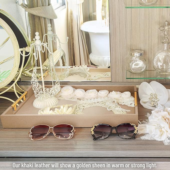 17" x 12" Wood Serving Tray with Gold Polished Metal Handles, Home Decorative Wooden Rectangle Ottoman Leather Decor Platter Bathroom Vanity Tray for All Occasions Khaki