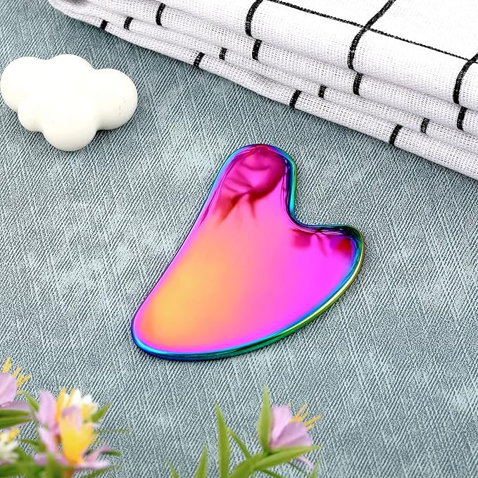 Nuanchu Stainless Steel Gua Sha Facial Tools Metal Guasha Tool for Face Body Jawline Shaper, Double Chin Reducer, Puffiness Reducing, Lymphatic Drainage Massager Skin Care Gift with Pouch(Rainbow)