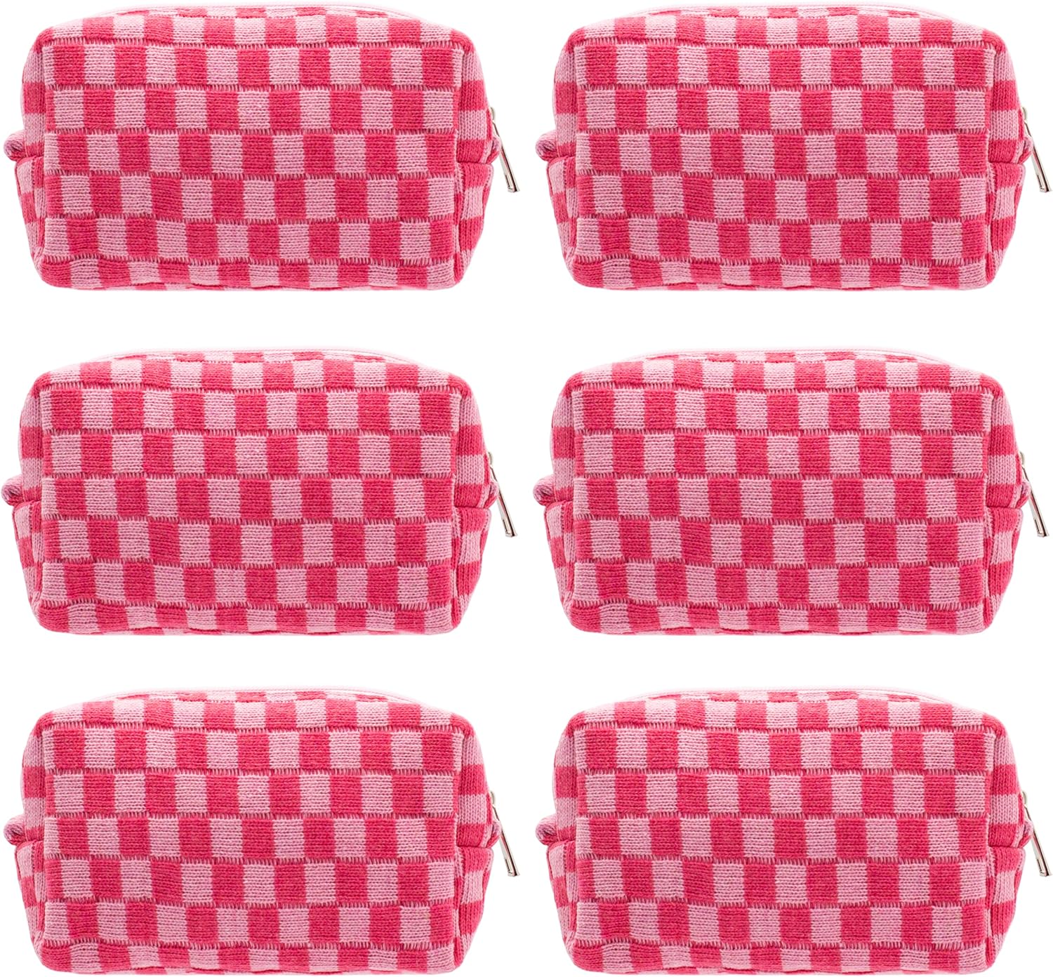 PAZIMIIK Checkered Makeup Bag for Purse Portable Zipper Make Up Pouch Small Cosmetic Case for Travel Accessories (6PCS Hotpink)