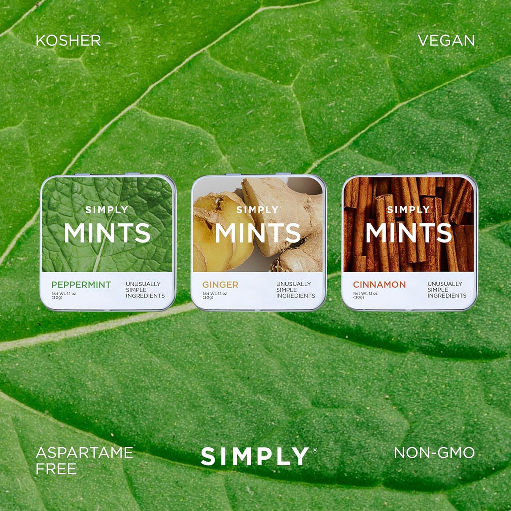 SIMPLY Mints | Variety Pack - Peppermint, Ginger, Cinnamon | Pack of Six (180 Pieces Total) | Breath Freshening + Aspartame-Free + Vegan + non-GMO