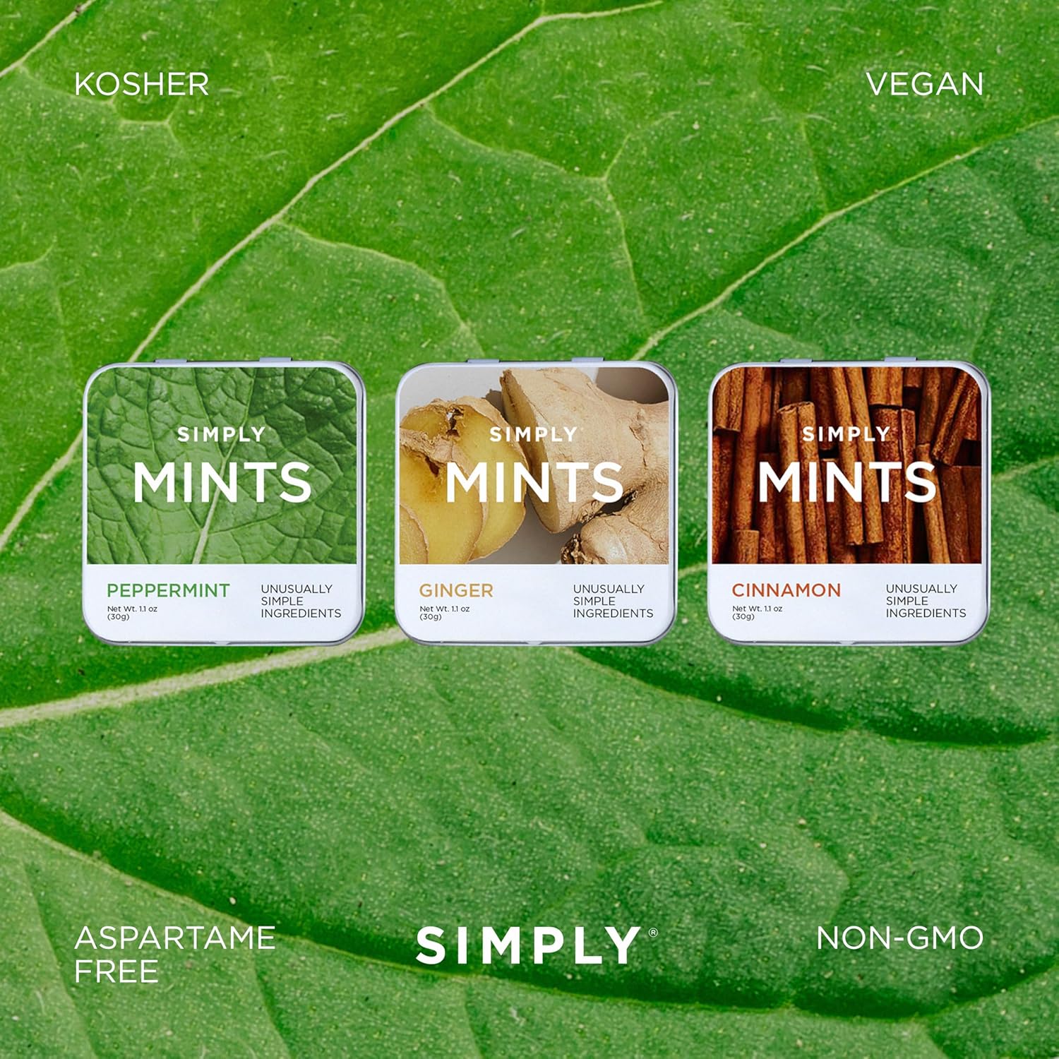 SIMPLY Mints | Variety Pack - Peppermint, Ginger, Cinnamon | Pack of Six (180 Pieces Total) | Breath Freshening + Aspartame-Free + Vegan + non-GMO