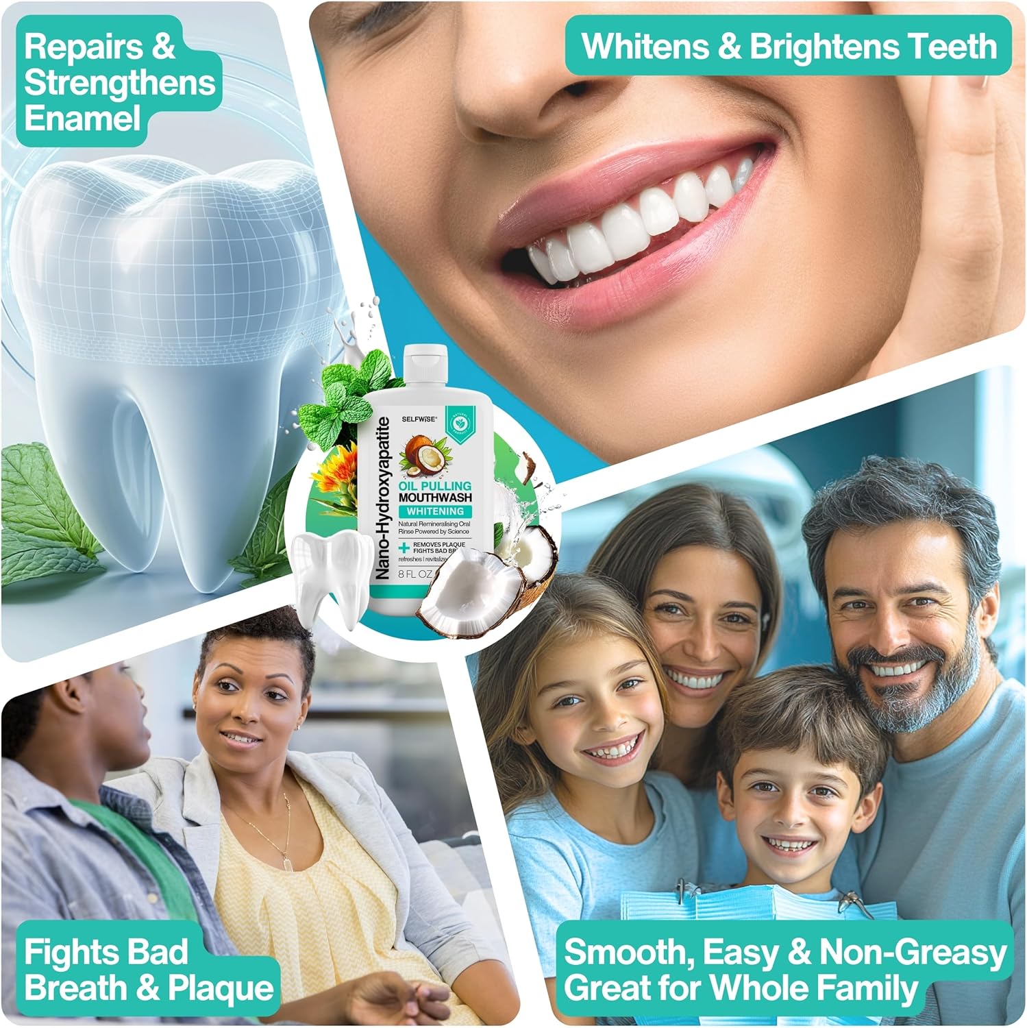 Nano-Hydroxyapatite Oil Pulling Whitening Mouthwash for Teeth and Gums, Natural & Organic, Whitens Teeth, Strengthens Enamel, Fights Bad Breath & Plaque – Smooth & Non-Greasy – for Adults & Kids