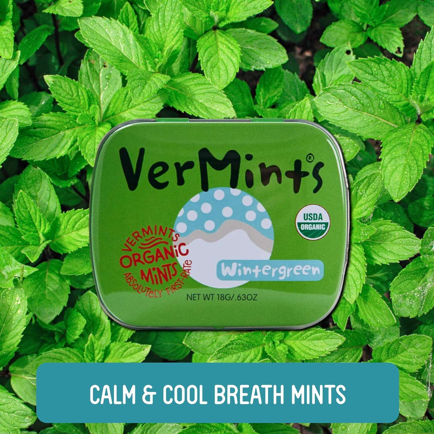 VerMints Organic Breath Mints Wintergreen - Real Long-Lasting Refreshment, Travel Size Tin - Non-GMO, Vegan, Nut Free, Gluten Free & Kosher Organic Candy Mints- .63oz/18g Tins (Pack of 12)