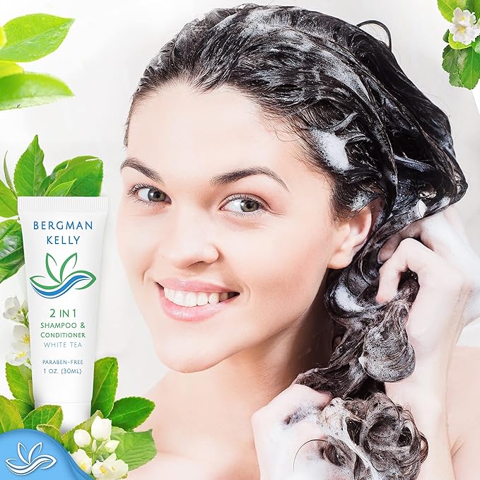 BERGMAN KELLY - Travel Size 2 in 1 Shampoo & Conditioner - 1 fl oz, 50 PK, White Tea - Delight Your Guests w/Revitalizing & Refreshing Shampoo Amenities - Quality Small Size Hotel Toiletries in Bulk