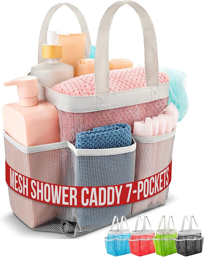 Handy Laundry Masirs Mesh Shower Caddy - 7 Pocket Portable Bathroom Organizer Tote for Travel, Gym & Dorm - Collapsible Small Shower Caddy Bag to Hold Toiletries & Essentials (Gray)