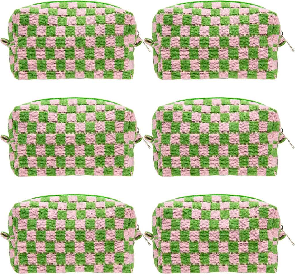 PAZIMIIK 6PCS Checkered Makeup Bag for Purse Portable Zipper Make Up Pouch Small Cosmetic Case for Travel Accessories Pink Green