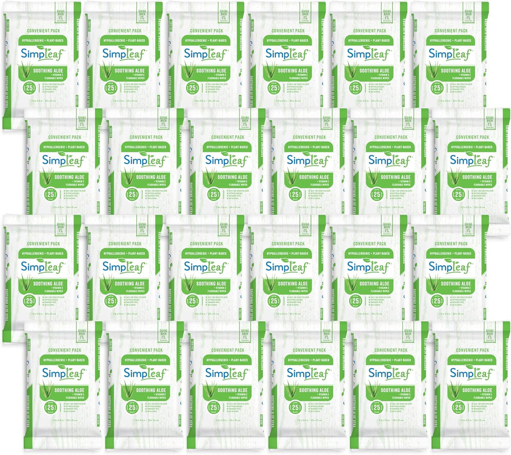 Simpleaf Flushable Wet Wipes Aloe Vera| Eco-Friendly, Paraben & Alcohol Free | Hypoallergenic & Safe for Sensitive Skin | Soothing Aloe Formula | (24 x 25 Counts Convenient Pack) 600 Counts Total