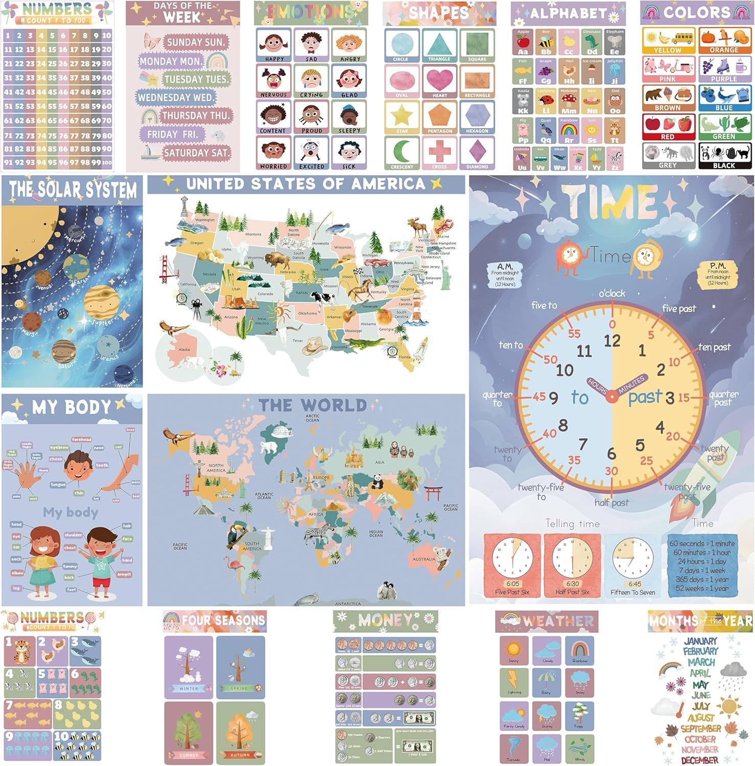 16 Educational Posters for Preschoolers, Laminated PreK Learning Poster Charts for Toddlers 1-3, Learning Wall Charts for Kids’ Bedroom, Playroom, Preschool, Kindergarten and Homeschool (Morandi A)