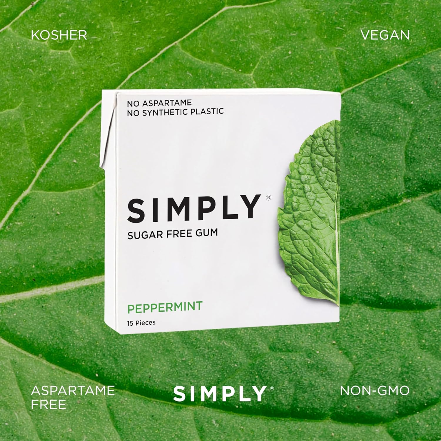 SIMPLY Gum | Dental Gum | Xylitol Chewing Gum - Sugar Free | Peppermint | Pack of Six (90 Pieces Total) | Synthetic Plastic Free + Sugar Free + Aspartame Free