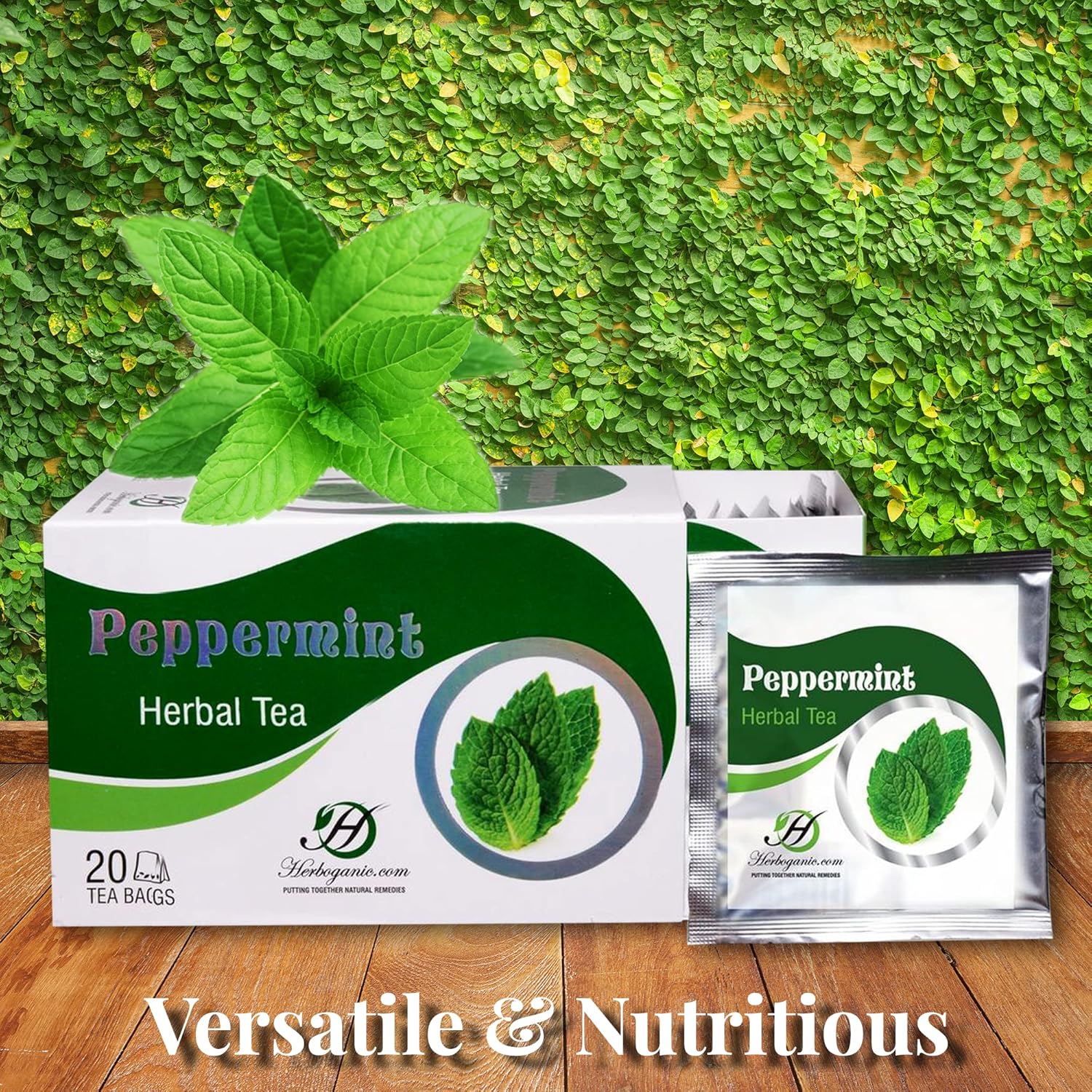 HERBOGANIC Peppermint Herbal Tea - Digestion Support and Immune Boost | Refreshing and Delicious Blend | Natural Ingredients | 20 Tea Bags