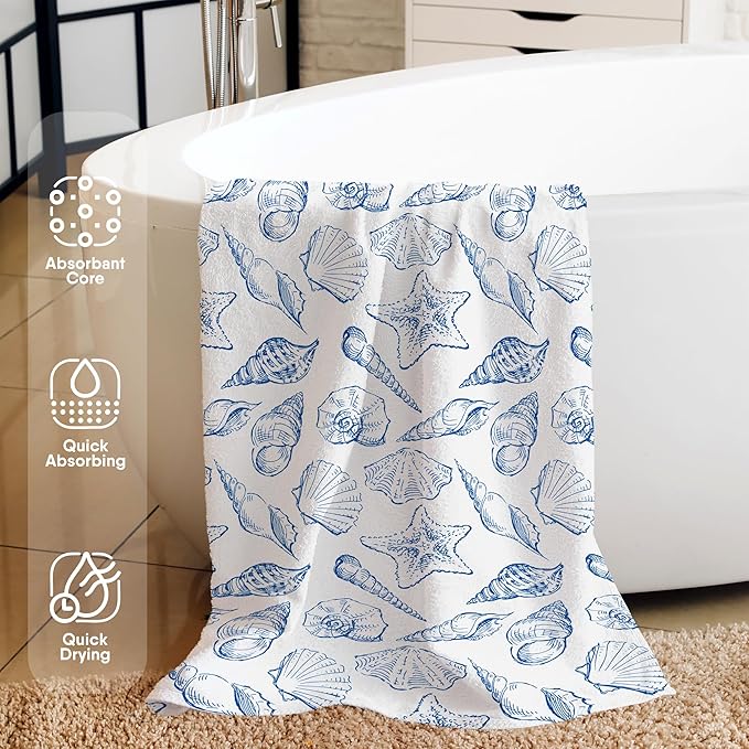 Coastal Seashell Starfish Beach Towel, Coastal Ocean Pool Towels, Seashell Starfish Summer Decor Large Beach Bath Travel Towels, Blue Coastal Ocean Summer Bathroom Accessories Decor, 30x60in