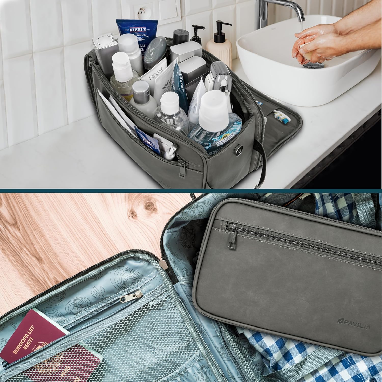 PAVILIA Toiletry Bag for Men, Travel Essentials Shaving Dopp Kit, Mens Travel Bag Toiletries Organizer Case for Grooming, PU Leather Water Resistant Cosmetic Bag Pouch (XL, Dark Grey)