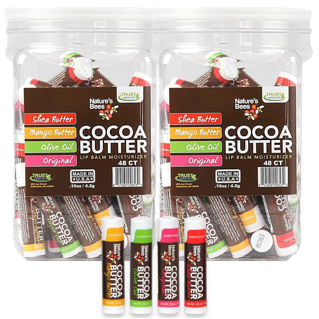 Nature's Bees Cocoa Butter Lip Balm, Original, Shea Butter, Olive Oil and Mango, Bulk Lip Care Pack for Dry Lips, Made with Coconut Oil, Beeswax, Vitamin E, Aloe, 0.15 oz 4 Flavors, 96 Pack