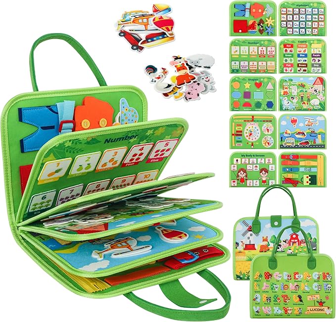 Toddler Busy Board Montessori Toys for 3 Year Old Birthday Gifts for Kids 10 Pages in 1 Soft Felt Activity Book Develop Fine Skills Educational Learning Sensory Travel Toys for Airplane Car
