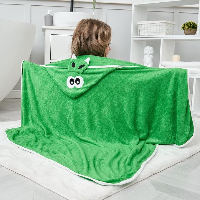 HIPHOP PANDA Hooded Towel - Rayon Made from Bamboo, Bath Towel with Bear Ears for Newborn, Babie, Toddler, Infant - Absorbent Large Baby Towel - Dinosaur, 37.5 x 37.5 Inch