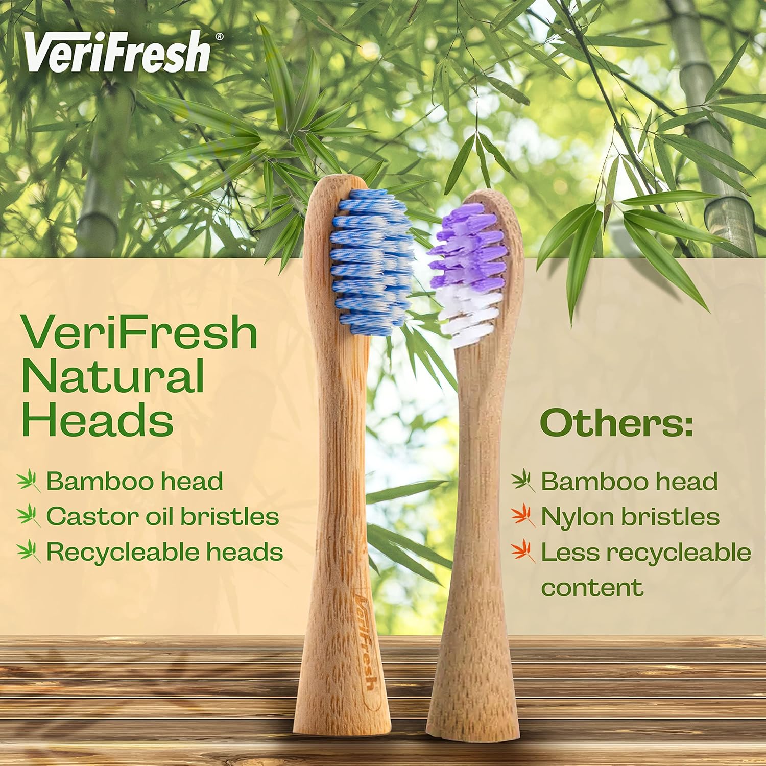 Bamboo Sonic Toothbrush - Replacement Heads. Natural Bamboo Heads with Castor Oil bristles. Compatible with The VeriFresh Sonic Toothbrush