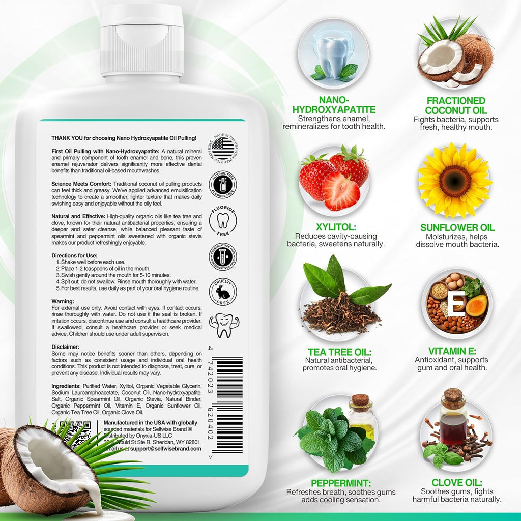 Nano-Hydroxyapatite Oil Pulling Whitening Mouthwash for Teeth and Gums, Natural & Organic, Whitens Teeth, Strengthens Enamel, Fights Bad Breath & Plaque – Smooth & Non-Greasy – for Adults & Kids