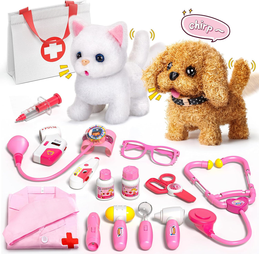 2 Plush Pets Cat & Dog, 36-Piece Vet Doctor Kit for Kids - Toddler Veterinarian Playset with Costume, Doctor and Dental Tools - Educational Pretend Play Toy Gift for Boys & Girls