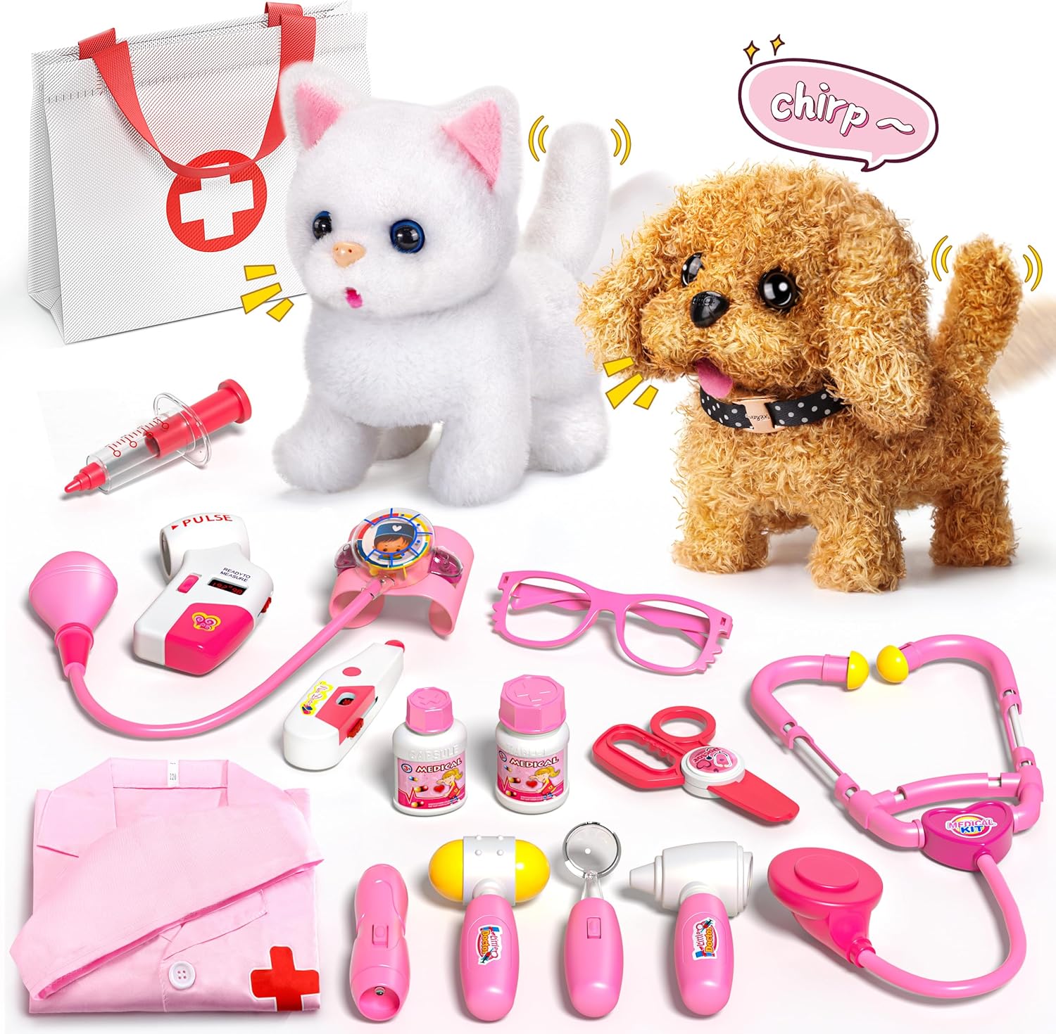 2 Plush Pets Cat & Dog, 36-Piece Vet Doctor Kit for Kids - Toddler Veterinarian Playset with Costume, Doctor and Dental Tools - Educational Pretend Play Toy Gift for Boys & Girls