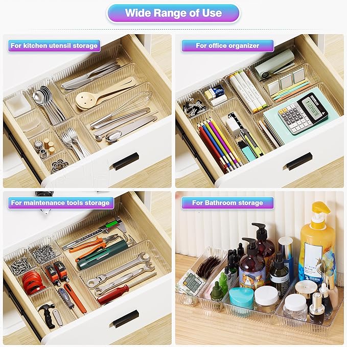 25 PCS Clear Plastic Drawer Organizer Set - 4 Sizes Makeup Organizer Desk Drawer Divider Bathroom Organizers and Storage Bins for Makeup, Jewelry, Gadgets, Office, Kitchen, Bedroom, Bathroom