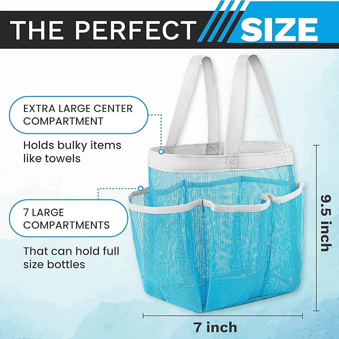 Handy Laundry Mesh Shower Caddy - 7 Pocket Portable Bathroom Organizer Tote for Travel, Gym & Dorm - Collapsible Small Shower Caddy Bag to Hold Toiletries & Essentials (Blue)