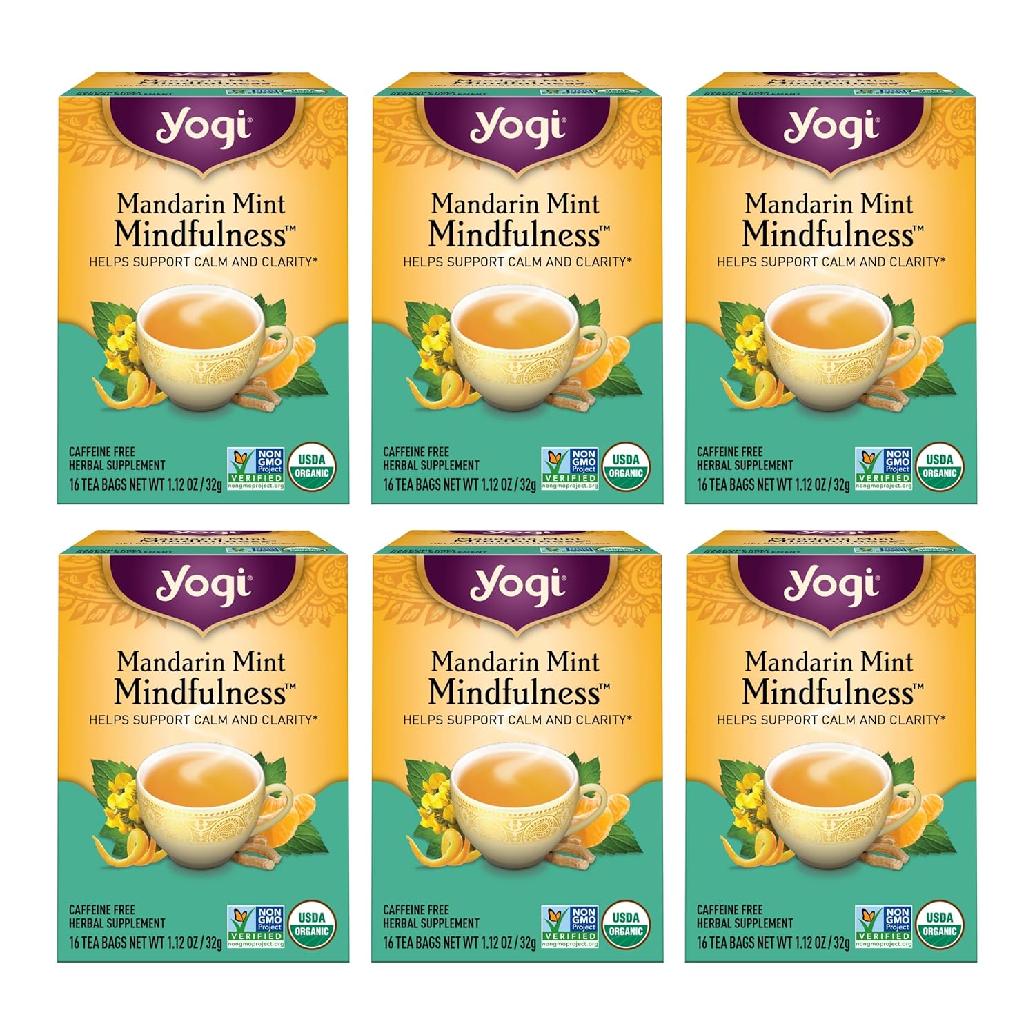 Yogi Tea Mandarin Mint Mindfulness - 16 Tea Bags per Pack (6 Pack) - Organic Mandarin Mint Tea - Calming Herbal Tea - Includes Ashwagandha, Reishi Mushroom, Mandarin, Peppermint & More