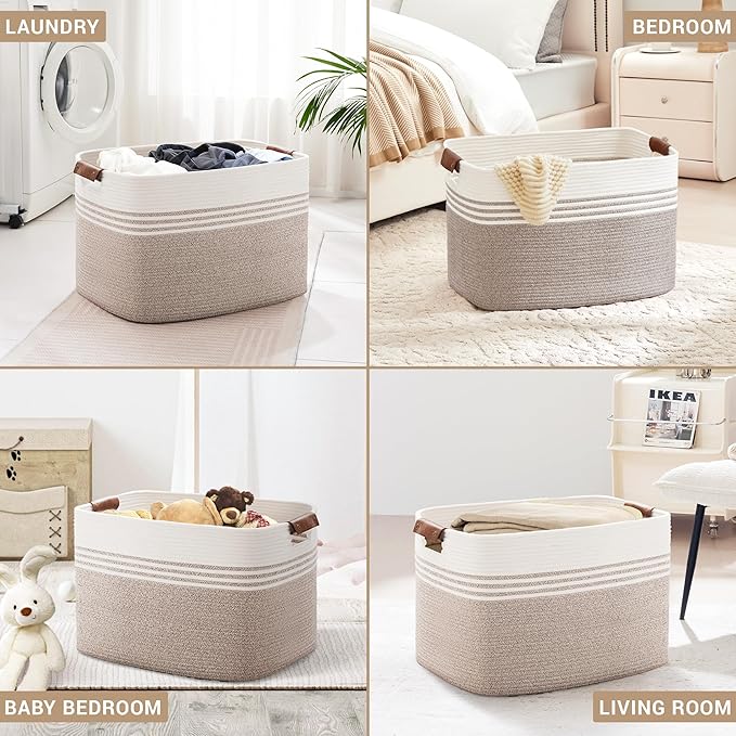 100L Extra Large Laundry Basket with Leather Handles for Living Room Storage, Woven Rope Baskets for Blanket, Kids Toy, Gifts, Wicker Hamper for Bedroom Dirty Clothes, 24"x16"x16" White Brown