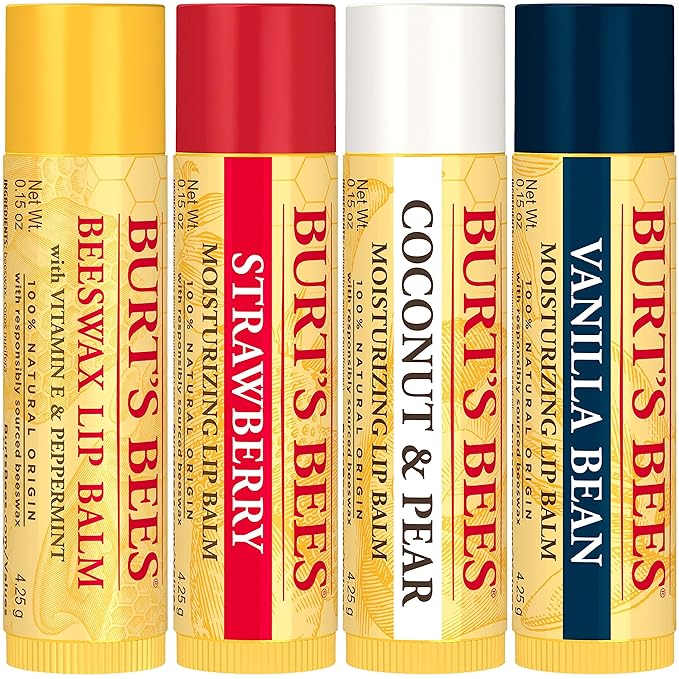 Burt's Bees Lip Balm, Beeswax, Strawberry, Coconut and Pear, and Vanilla Bean Pack, With Responsibly Sourced Beeswax, Tint-Free, Natural Lip Treatment, 4 Tubes, 0.15 oz.