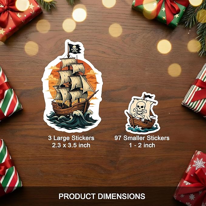 100 PCS Pirate Stickers Pack – Funny Adventure Vinyl Waterproof Decals with Ships, Treasure Maps, Sea Creatures for Laptop, Water Bottle, Car, Scrapbook, Kids, Adults Gifts