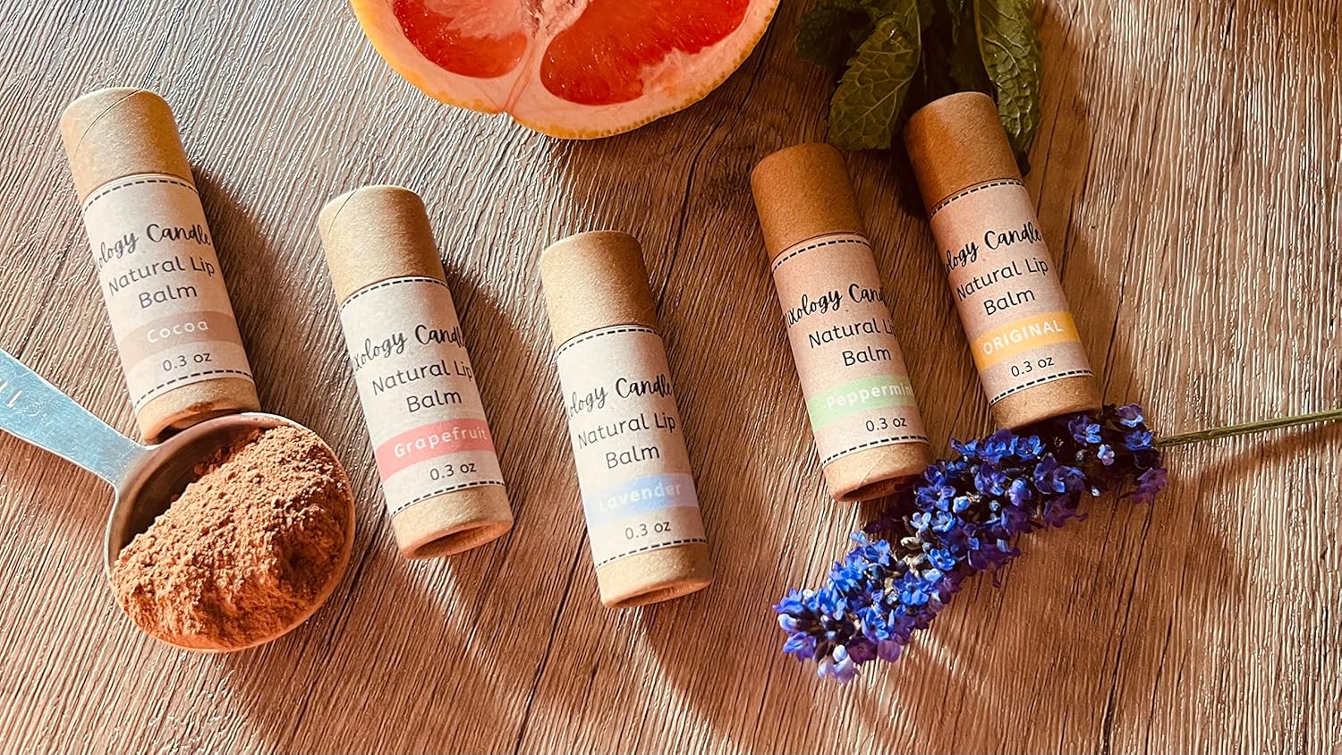 Handmade Natural Lip Balm Set of 5- Original, Mint, Cocoa, Lavender, Grapefruit - 5 Pack