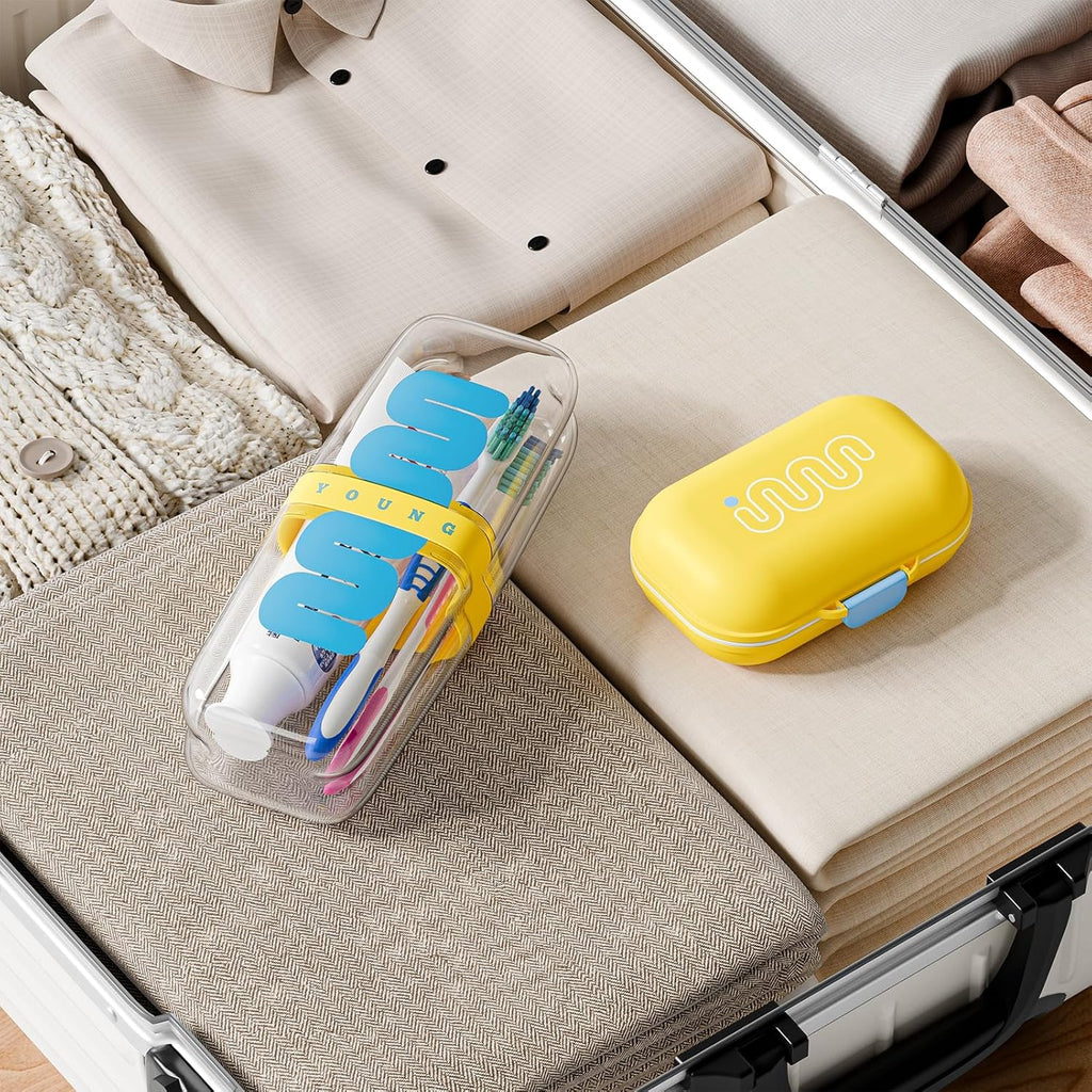 VITVITI Travel Soap Case Container, Portable Toothbrush Travel Case Dish Tray, 7.88 Inch Toothpaste Traveling Toothbrush Holder Set with Cover for Trip/Bathroom/Camping, Yellow