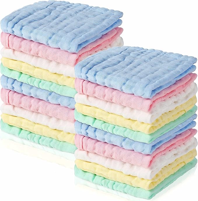 Breling 20 Pcs Baby Muslin Washcloth 12 x 12 Inch 100% Cotton Soft and Absorbent Muslin Washcloth Burp Cloth Wipe Newborn Face Towel for Baby Boy Girl Sensitive Skin (Blue, White, Green, Yellow, Pink)