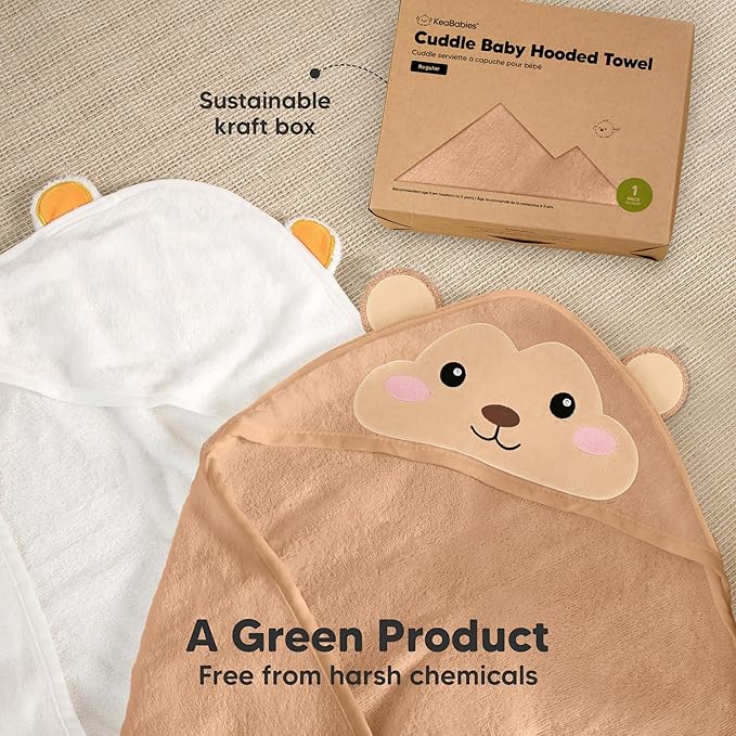 KeaBabies Hooded Baby Towel for Newborn - Viscose Derived from Bamboo Large Baby Bath Towels with Hood for Boys, Girls, Toddler, Extra Absorbent & Soft Newborn Bath Essentials (Monkey, Regular)