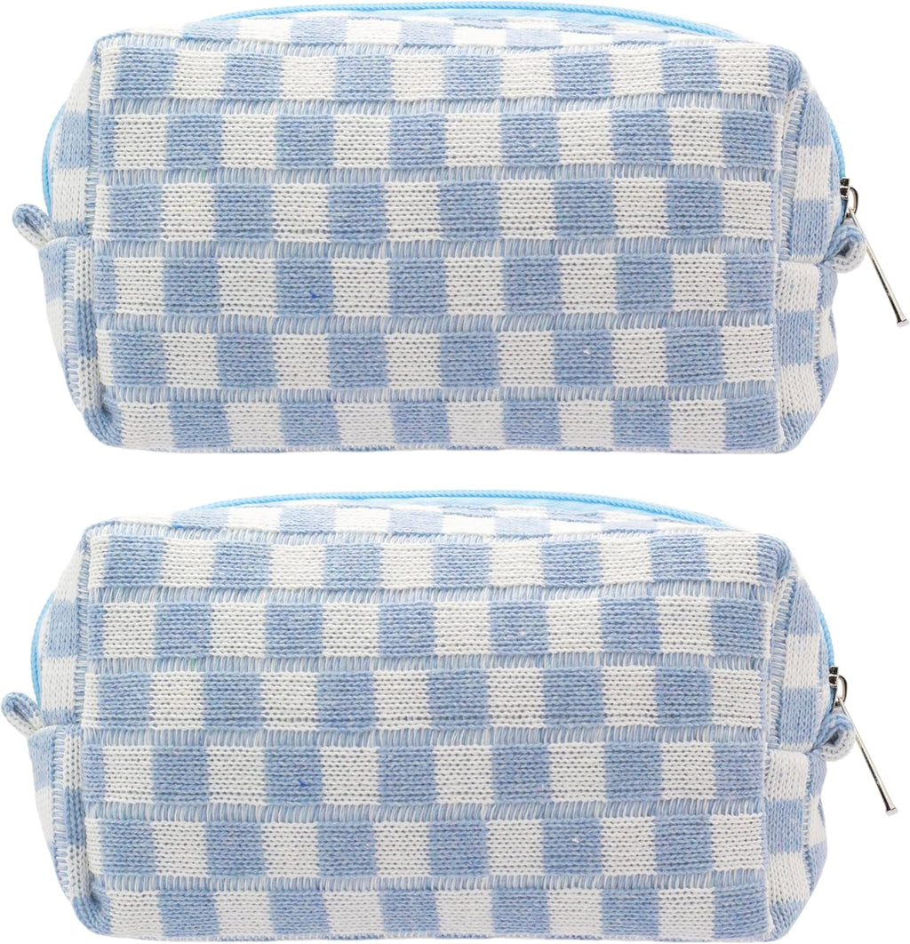 PAZIMIIK Checkered Makeup Bag for Purse Portable Zipper Make Up Pouch Small Cosmetic Case for Travel Accessories (2PCS Blue)