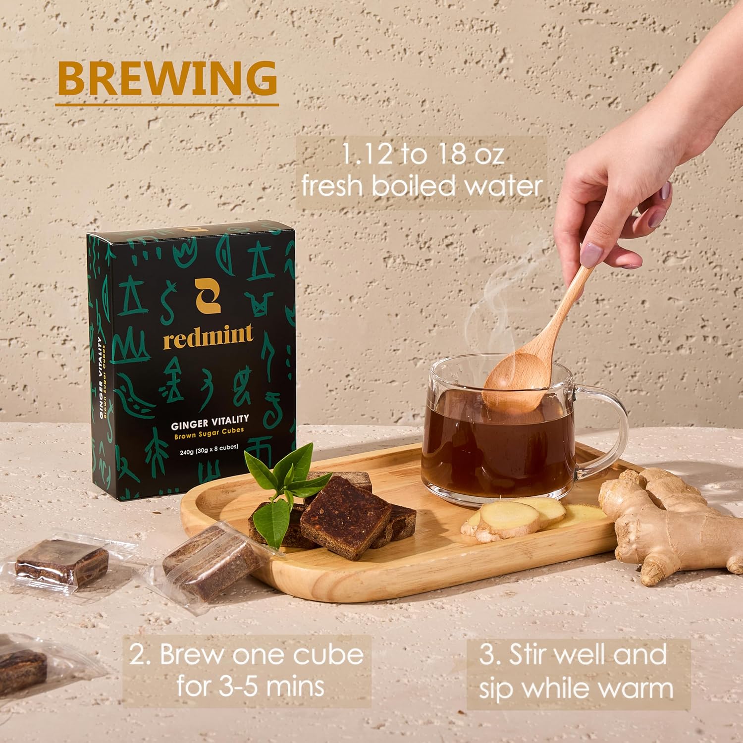 Redmint Brown Sugar Ginger Tea Cube for Menstrual Cycle, Digestive & Immune Support | Natural TCM-Inspired Herbal Cube | Taiwanese Brown Sugar & Ginger,30g × 8 Cubes