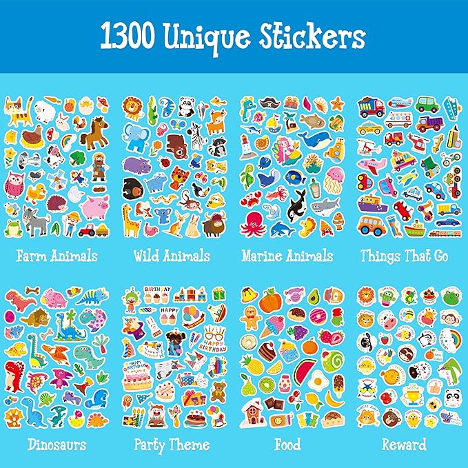 1300PCS Adorable Stickers, Farm/Marine/Wild Animals, Vehicles, Dinosaurs, Food, Party, Food, Reward Stickers Incentive System Stickers for Classroom, Kindergarten, Home Rewards, Craft Scrapbooking