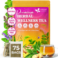 FreshDrinkUS, Premium Herbal Wellness Tea Bags | 75 Count | Blend of Sencha, Ginger, Fennel, Dandelion, Tulsi, Turmeric, Peppermint, Lavender, Lemongrass & Stevia – Herbal Tea. Vegan